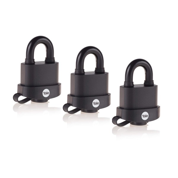 Yale Y220B/51/118/3 - 3 Pack of Black Weatherproof Padlocks with Protective Cover (51 mm) - Outdoor Hardened Steel Shackle Locks for Shed, Gate, Chain - Keyed Alike - High Security - Multipack