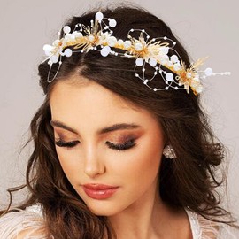 CAKURE Pearl Wedding Headbands Gold Bridal Headpiece Handmade Bride Wedding Hairband Bridal Hair Accessories for Women and Girls