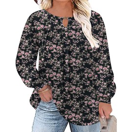 TFSDOD Plus Size Long Sleeve Flowy Tops for Women Dressy Pleated Tunic Blouse Oversized Work Shirts Black Pink Floral 2XL