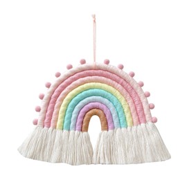 FANXIYA Rainbow Macrame Wall Hanging Decorations for Nursery Decor, Kids Bedroom Woven Tassel for Girls& Boys, Handmade Playroom Cotton Accessories for Baby Toddler Room (Pink)