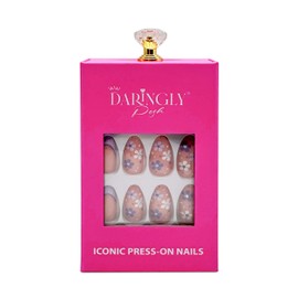 Daringly Posh Press-On Nails | Groovy Florals | Medium Almond Shape | Purple French Tip Nails with Floral Details | 24 Nails in 12 Sizes | Includes ultra-strength nail glue, tabs & tools.