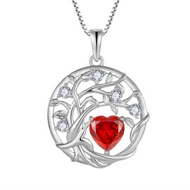 FJ Tree of Life Necklace Women's 925 Sterling Silver Tree of Life Necklace Pendant Birthstone Jewellery Gifts for Women, Cubic Zirconia, Garnet