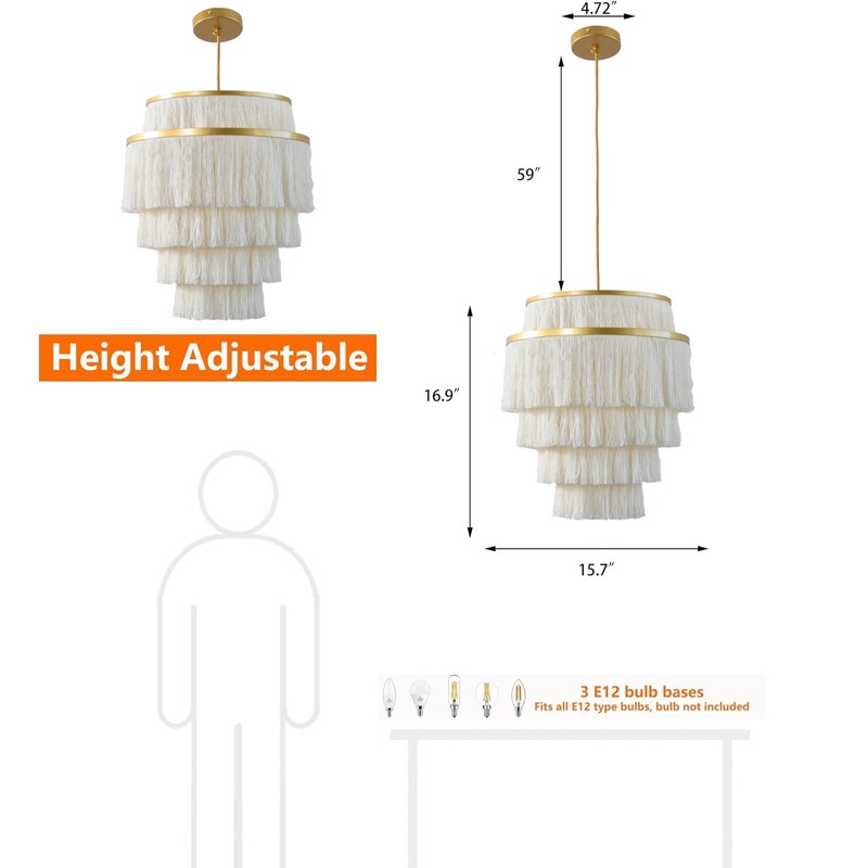 Topaluce 5-Tiered Boho Chandelier 3-Light White Fringe Pendant Hanging Light