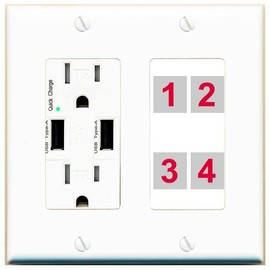 RiteAV Custom 4 Port Custom Wall Plate, USB Charger, White/White, Choose HDMI Coax 3.5mm Banana Cat5/6 Phone RCA Speaker Toslink USB