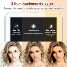 Espejo de tocador de viaje recargable con 72 luces LED, espejo de belleza iluminado portátil, iluminación de 3 colores, pantalla táctil regulable, con 10 lupas, pequeño espejo redondo en blanco
