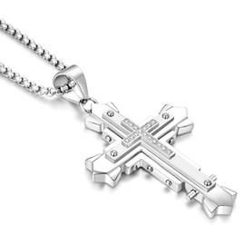 JUNOVUROS Stainless Steel Jesus Christ Cross Pendant Necklace for Men, 20 to 28 In Rolo/Byzantine Chain, 2 Sizes of Religious Jewelry with Silver/Gold/Black