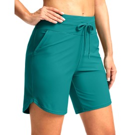 G Gradual - Pantalones cortos de natación de cintura alta para mujer de 7 pulgadas con bolsillos, secado rápido, pantalones cortos de natación para playa con forro, Azul lago, M