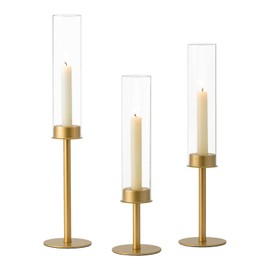 Hewory Gold Candle Holders, 3Pcs Brass Candle Stick Candelabra with Glass Candle Cover for Wedding Table Centerpiece Christmas Decor