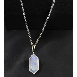 Gempires Natural Moonstone Necklace, Hexagon Pendant, Geometric Necklace for Women, Gift for Daughter, June Birthstone, 16 + 2 Inch Adjustable Silver Plated Chain