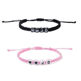 Pingyongchang WWJD Bracelets What Would Jesus Do Bracelet Matching Friendship Braided Rope Letter Protection Inspirational Religious Christian Bracelets for Women Men (Pink Black)