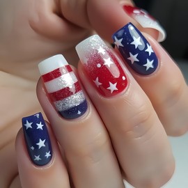 4th of July Press on Nails Square Medium Fake Nails Glitter Red Blue White Stripe Design Independence Day Acrylic Nails Star Full Cover Patriotic Glue on Nails July 4th Stick on Nails for Women 24Pcs