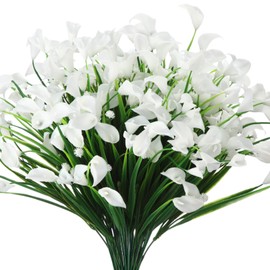Giegxin 40 Bundles Artificial Calla Lily Flowers 14 Inch Plastic UV Resistant Fake Flowers for Outdoors Faux Plants for Home Garden Yard Table Porch Window Box Planter Wedding Party Decor(White)