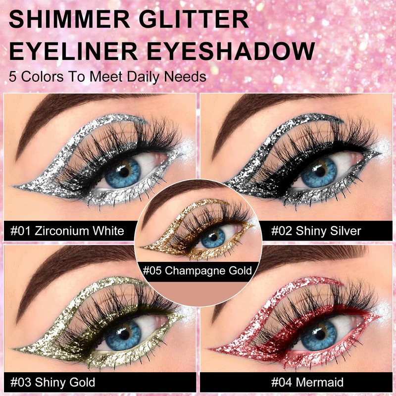 Ingzy Flüssiger Eyeliner mit Glitzer, Metallic-Eyeliner, glitzernd, weiß, silberfarben, goldfarben,