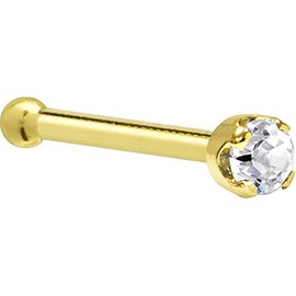 Solid 14k Yellow Gold 2mm (0.030 cttw) Genuine Diamond Nose Stud Bone 20 Gauge 1/4"