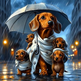 MAXBYE Dachshund Family in Rain Diamonds Painting Kit for Adults. Blue Umbrella and Street Lamp Diamond Art for Beginners, Dog Diamond Art Perfect for Home Decor 12 x 12in