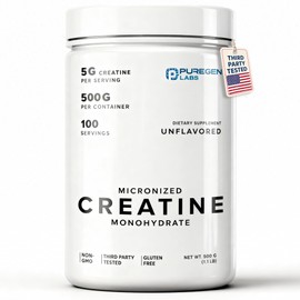 Puregen Labs Micronized Creatine Monohydrate Powder 500g – Pure, Unflavored, No Additives | 5000mg Per Serv (5g) - 100 Servings | Third Party Tested for Quality