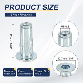 PATIKIL 12 Pcs Multi-Grip Rivet Nuts, M5 Pre-Bulbed Shank Flat Head Threaded Insert Nuts Carbon Steel Plus Nuts Zinc White Plated for Fastener