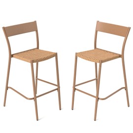 Tangkula Patio Barstools Set of 2, Outdoor Bar Height Chairs w/Rattan Seat, Metal Backrest & Legs, 400 lbs Max Load, Metal Frame Stackable Wicker Barstools for Backyard, Porch (2)