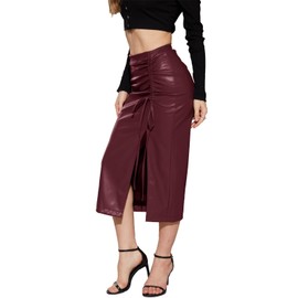 HERBATOMIA Women's Long Side Slit Skirt Faux Leather Midi Burgundy High Waisted Work Trendy Split Casual Bodycon Going Out Pencil Skirts for Women