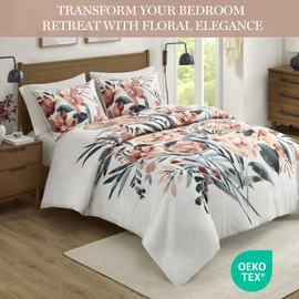 Madison Park King Duvet Cover Set, Floral Duvet Cover for King Size Bed Natural & Soft Cotton, Modern Shabby Chic All Season King Bedding Cover, Shams, Dahlia, King/Cal King, Peach/Off-White 3 Piece