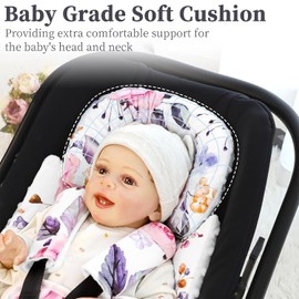 GFU Infant Car Seat Insert with 3 Strap Covers, 3 in 1 Reversible Floral Baby Car Seat Head Support for Newborn, 3D Soft Minky Carseat Cushion for Preemie to Infant, Stroller, Swing, Bouncer