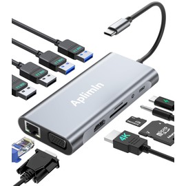 USB C HUB, 11-in-1 USB C Adapter with 4K HDMI and VGA, USB 3.0 Port, Type C PD, Ethernet RJ45, SD/TF Card Readers, 3.5 mm AUX, Compatible with MacBook Pro/Air