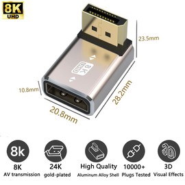 HTGuoji 8K DisplayPort 1.4 Coupler Adapter, 90 Degree Right Angle DP Male to DP Female Extension Connector Support 8K@60Hz 4K@144Hz 1080p@240HZ, Full HD Stereo 3D 2pcs (Up)