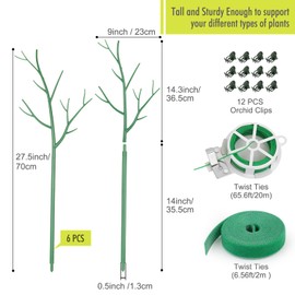 6 Pack Plant Support Stakes for Indoor Plants, 27.56 Inch Twig Plant Sticks with Orchid Clips Twist Ties and Plant Ties for House Potted Plants and Flower, Plastic Branches Support Structures, Green