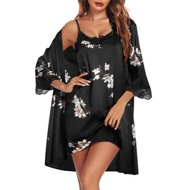Ekouaer Sleepwear Women's Satin Nightgown with Robes Set 2 Piece Sexy Lace Cami Nightwear Floral Set Floral Black XXL