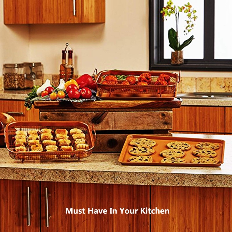 Non-Stick Baking Tray with Grill Crispy Basket Copper Crisper Air