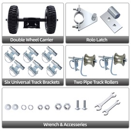 Rolling Gate Hardware Kit for Chain Link Gate, Sliding Gate Hardware with 6" Rut Runner, 2 Track Wheels, 6 Track Brackets, 1 Rolo Latch, Sliding Gate Rollers for Connect Tracks Door Frames