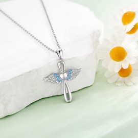 ONEFINITY Angel Wings Necklace 925 Sterling Silver Angel Wings Cross Pendant Angel Wings Jewellery Gifts for Women