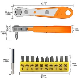 Kigauru 12Pcs Mini Ratchet Wrench Set 1/4 Inch Ratchet Right Angle Screwdriver Steel 36-Tooth 90 Degree Reversible Drive Handle with S2 Steel Screwdriver Bit Set and Bit Holder Extension