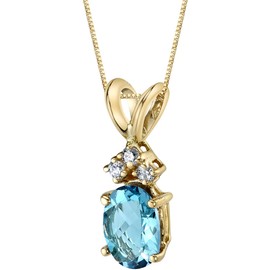 PEORA Swiss Blue Topaz with Genuine Diamonds Pendant in 14 Karat Yellow Gold, Dainty Solitaire, Oval Shape, 7x5mm, 1 Carat total, Blue Gemstone Necklace, December Birthstone Gold Necklace