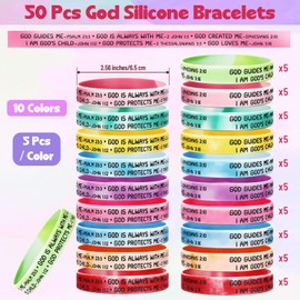 Cunno 50 Pcs Easter Christian Bracelets Gift Bulk Bible Verse Silicone Bracelet Religious Gift God Guides Me God is Always with Me Easter Party Favors Supplies Filler