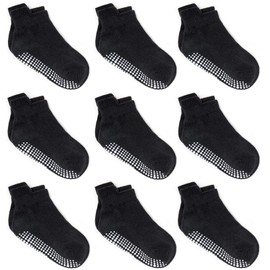 ZAPLES Baby Non Slip Grip Ankle Socks with Non Skid Soles for Infants Toddlers Kids Boys Girls, Black, 4-7 Years