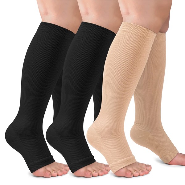 Paquete de 3 calcetines de compresión de punta abierta para mujeres y hombres, medias hasta la rodilla sin dedos para apoyo de circulación, color negro nude talla S - M