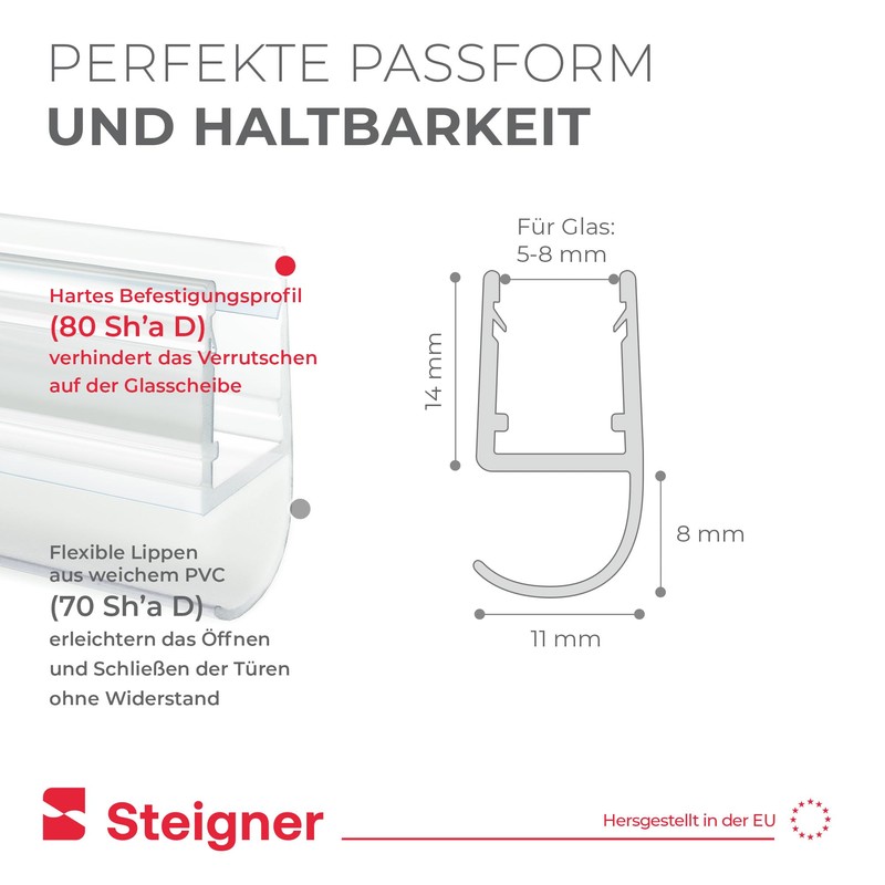 STEIGNER Shower Seal 30cm Glass Thickness 5/6/7/8mm Pre Curved PVC