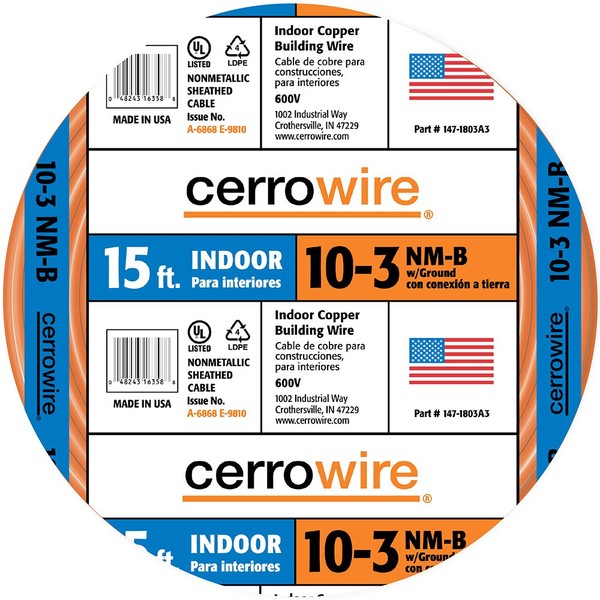 Cerrowire 147-1803A3 15-Feet 10/3 NM-B Solid with Ground Wire, Orange