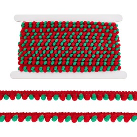AHANDMAKER 10 Yards Christmas Pom Poms Fringe Ball Trim, Red Green Mini Pom Poms Trim Ribbon, Pom Fringe Tassel Lace Pom Pom Ball Fringe Ribbon for DIY Crafts Sewing Curtain Pillow