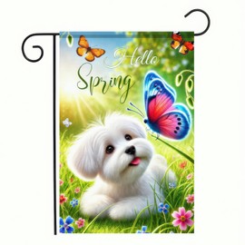 BlissYard Spring Garden Flag 12x18 Inch Double Sided Dog Butterfly Small Flags For Outside Outdoor Decor Yard Farmhouse Holiday Spring Summer Seasonal Decorations Yard Flags