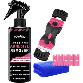 Adhesive Remover Softens & Dissolves Goo & Glue, Stickers, Labels, Decals, Tape & Residue on Car Glass & Paint – Portable Kit with Scraper, Spatula & Towel – 3.4 fl oz (100ml) (Adhesive Remover-3)