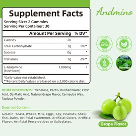  L-Glutamine Gummies 1000 mg, with Trehalose, L Glutamine Supplement Support Intestinal, Boost Immune & Muscle Health, for Adults & Kids, Non-GMO, Vegan, Gluten Free, Grape Flavor, 60