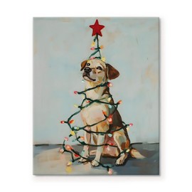 Festive Christmas Dog Canvas Wall Art Decor - Adorable Holiday Decor Featuring a Cute Dog Wrapped in Christmas Lights with a Star, 8X10 inch Ideal for Adding Holiday Cheer to Living Room or Office