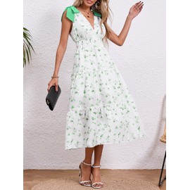 Wenrine Womens Summer Floral Maxi Dress Casual Self Tie Sleeveless V Neck Smocked Boho Tiered Beach Sundresses Green