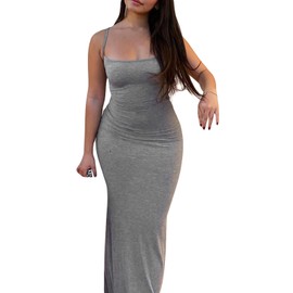 Women's Cami Bodycon Dress Casual Basic Solid Dress Spaghetti Strap Maxi Dress, Grey (grey-1)