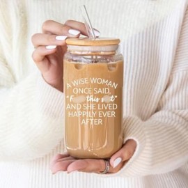 OFLARGA Funny Christmas Gift,Gag Gifts for Women,Retirement Gifts for Woman 2024, A Wise Woman Once Said,16oz Coffee Glass Cup with Bamboo Lids