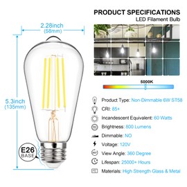 MAXvolador Vintage LED Edison Bulb 60W Equivalent 800LM, 6W ST58 LED Filament Light Bulb, Daylight White 5000K, E26 Base, Non-Dimmable, Pack of 12