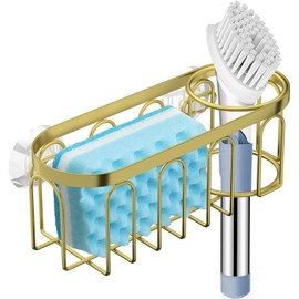 Yazoni 2-in-1 Sponge Holder for Kitchen Sink, Suction Cup Rack Caddy, No Drill Rustproof Kitchen Sink Organizer for Place Dishwashing Brush Soap and Sponge (Gold)