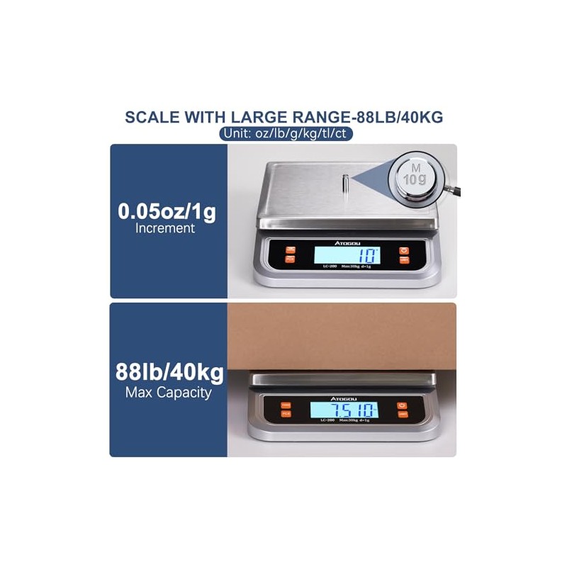 Atogou 88lb Food Scale, Commercial Kitchen Scale Plug-in Usable with